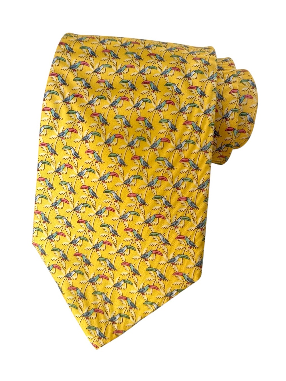 Salvatore Ferragamo Silk Tie Yellow Bird Print Made in Italy Luxury Designer